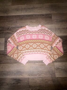 Forever 21 Pink and Tan Fair Isle Crewneck Sweater